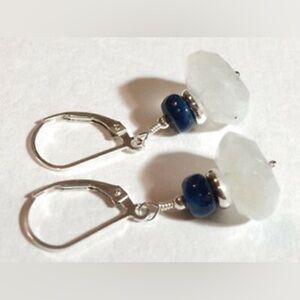 Rainbow Moonstone, Peacock Blue Apatite & Silver Lever Back Artisan Earrings Big